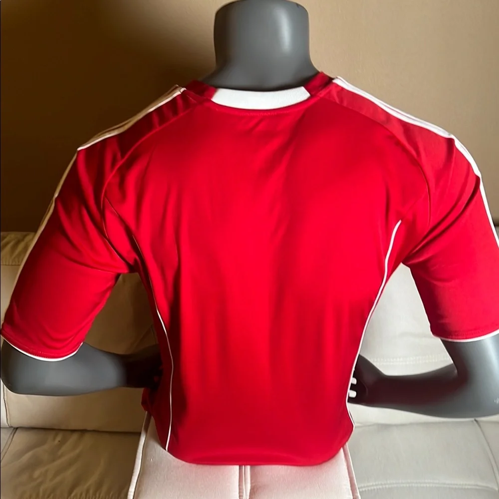 Adidas ATS Dry Red White Men’s Three Striped Logo Short-Sleeve Shirt Size Medium - Picture 4 of 9